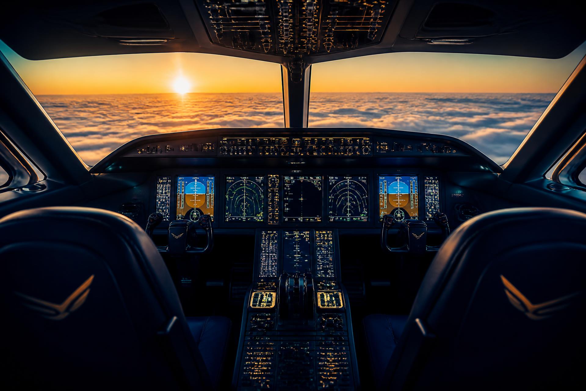 Cockpit d'un jet d'affaires au lever du soleil au-dessus des nuages